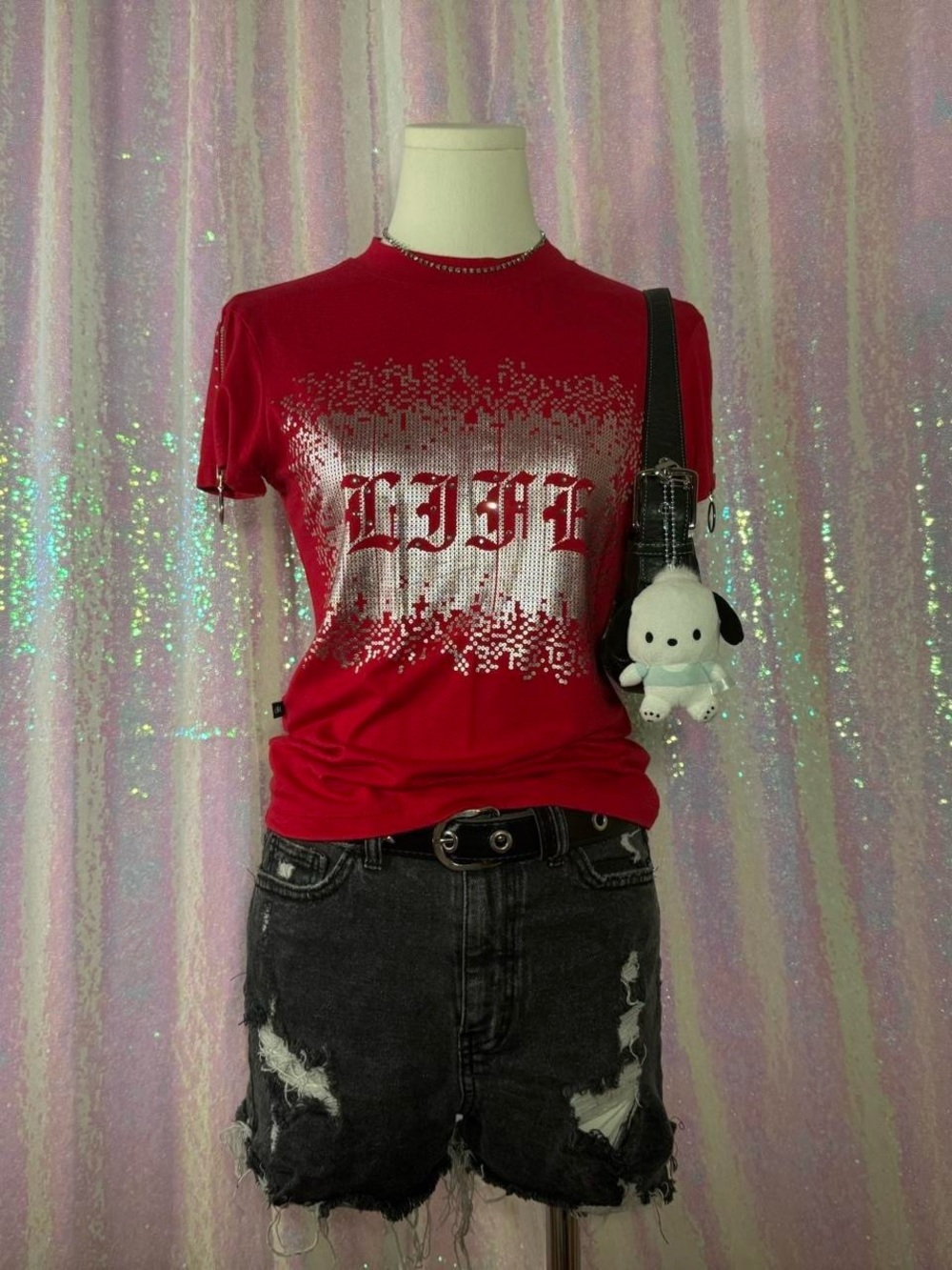 Jean Michel Red & Silver Metallic Baby Tee With Zipper Detail Sleeves ★彡